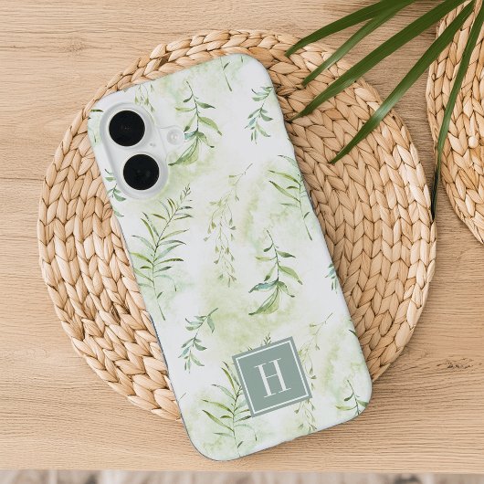 Delicaat etherisch pastelgroen botanisch monogram iPhone 16 hoesje