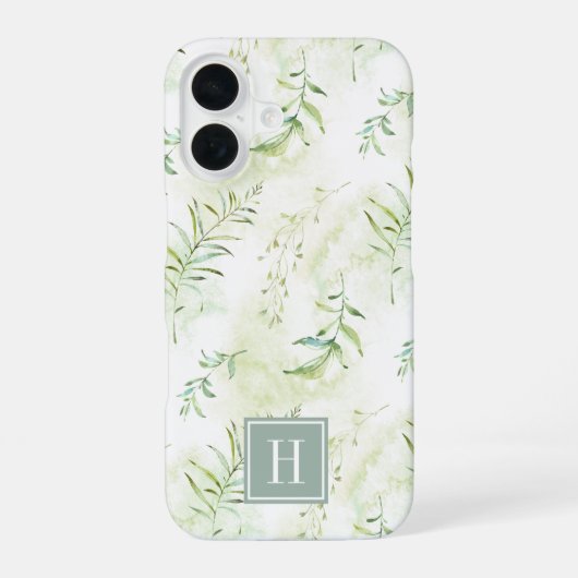 Delicaat etherisch pastelgroen botanisch monogram iPhone 16 hoesje (Achterkant)
