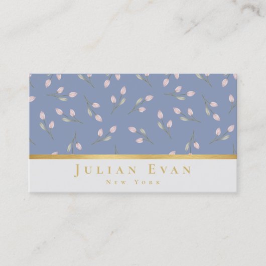 Delicaat Goud Bloemen Stoffig Blauw Visitekaartje (Voorkant)