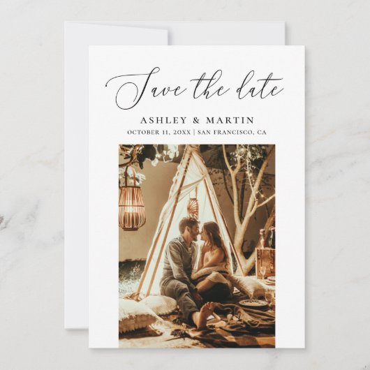 delicaat minimalistisch script | Schone foto bruil Save The Date (Voorkant)