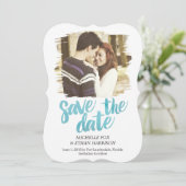 Delicaat onthulde Save The Date kaart Turquoise (Staand voorkant)