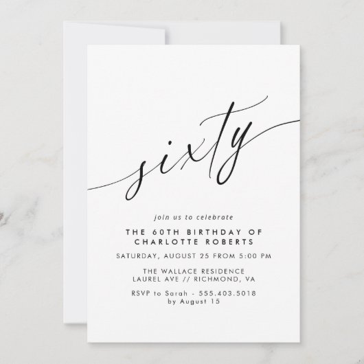 Delicaat Script Eenvoudig Zwart & Wit 60ste verjaa Kaart (Voorkant)