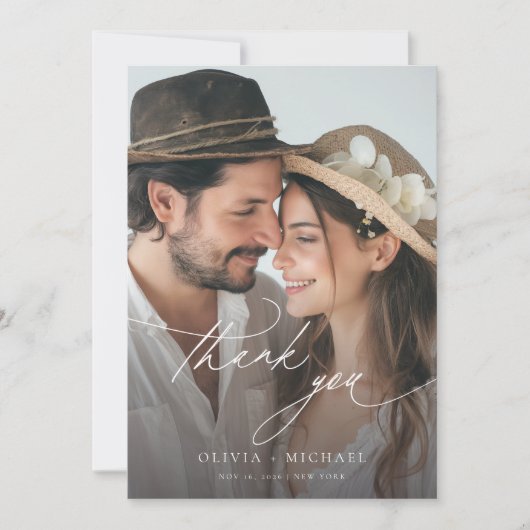 Delicaat Script Eenvoudige foto bruiloft Bedankkaart (Voorkant)