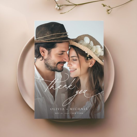 Delicaat Script Eenvoudige foto bruiloft Bedankkaart