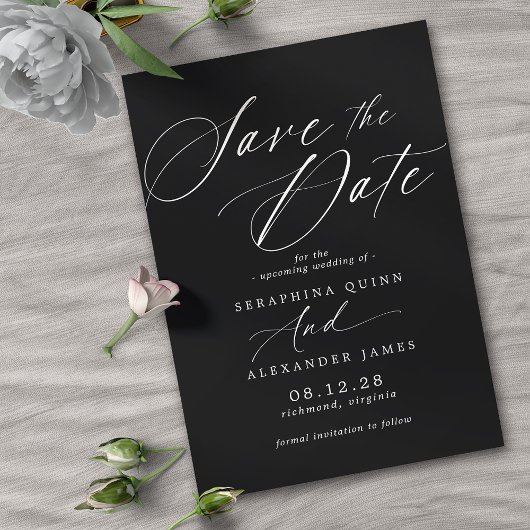 Delicaat script | Modern Zwart Moody Bruiloft Save The Date