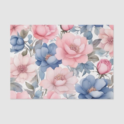 Delicaat Waterverf blauw en roze bloemmotief Tissuepapier (Voorkant)