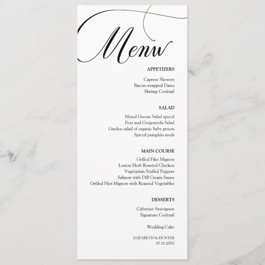 Delicaat zwart kalligrafie bruiloft diner menu (Voorkant)