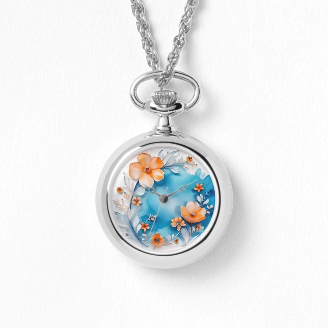 Delicate 3D Pastel Flowers Horloge Ketting (Voorkant)