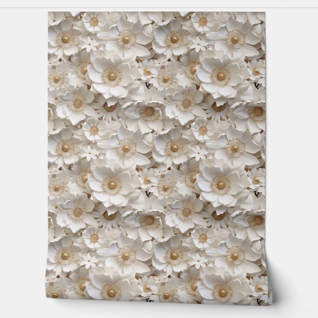Delicate 3d wit en goud bloemen lente bloesem behang (Afrollen)