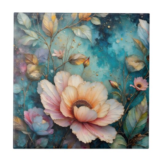 Delicate Abrikoos Cosmos op Teal Tegeltje (Voorkant)