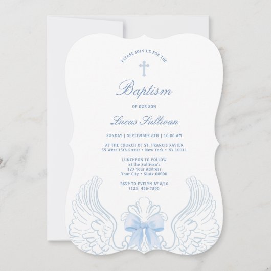 Delicate Angel Wings Blue Bow Baptism Kaart (Voorkant)