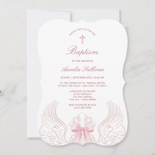 Delicate Angel Wings Pink Bow Baptism Kaart (Voorkant)