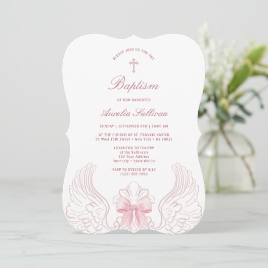 Delicate Angel Wings Pink Bow Baptism Kaart (Staand voorkant)