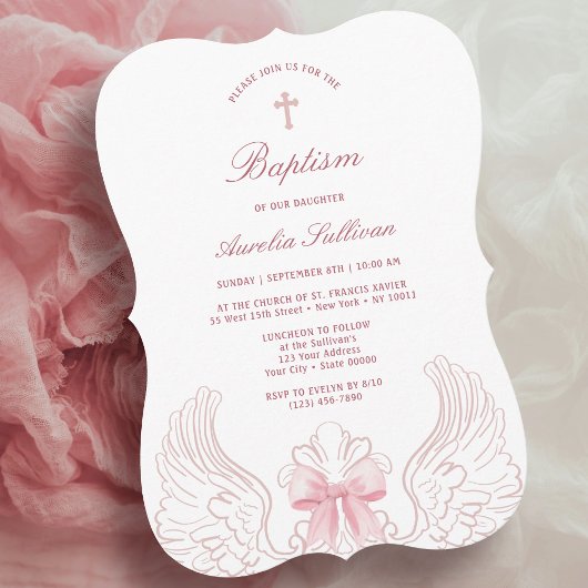 Delicate Angel Wings Pink Bow Baptism Kaart