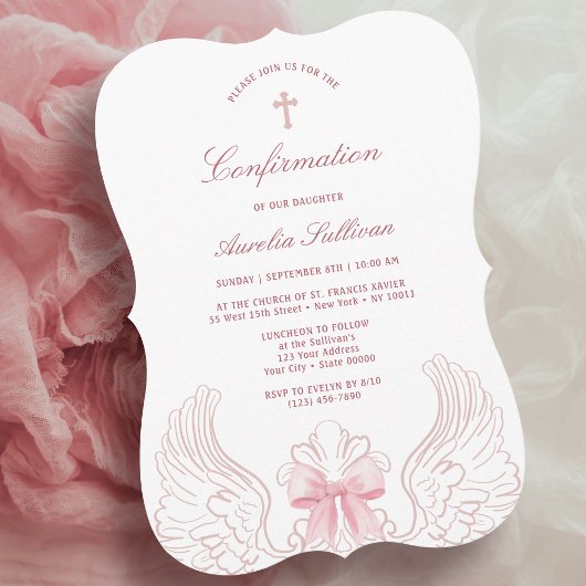 Delicate Angel Wings Pink Bow Confirmation Kaart