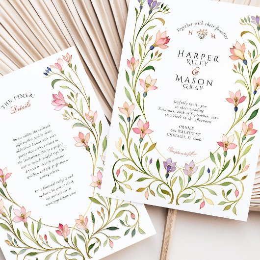 Delicate Art Nouveau Floral Gold Wedding Kaart