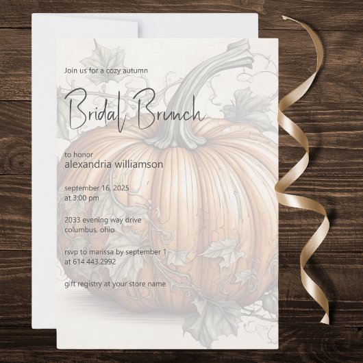 Delicate Autumn Pompoen Bruids Brunch Kaart