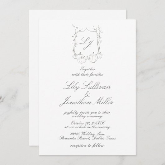 Delicate Autumn Pumpkin Monogram Crest Wedding Kaart (Voorkant / Achterkant)