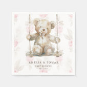 Delicate Beige Teddybeer Roze Bloemen Baby Meisje Servet (Voorkant)