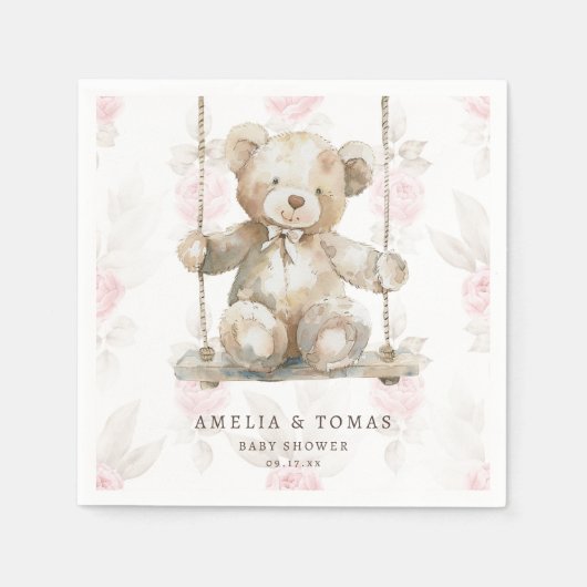 Delicate Beige Teddybeer Roze Bloemen Baby Meisje Servet (Voorkant)