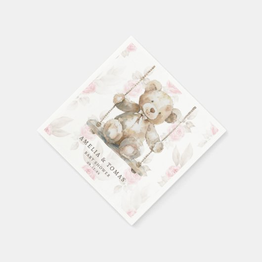 Delicate Beige Teddybeer Roze Bloemen Baby Meisje Servet (Hoek)