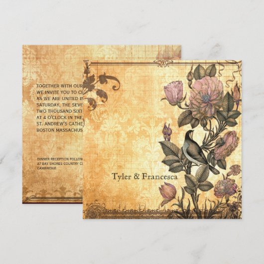 Delicate Bird Floral Damask Wedding Invitation Kaart (Voorkant / Achterkant)