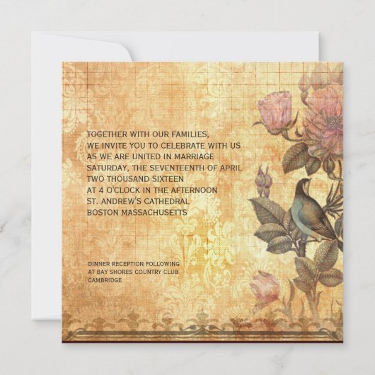 Delicate Bird Floral Damask Wedding Invitation Kaart (Achterkant)