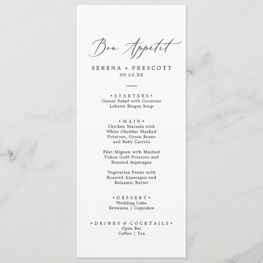 Delicate Black Calligraphy Bon Appétit Dinner Mann Menu (Voorkant)