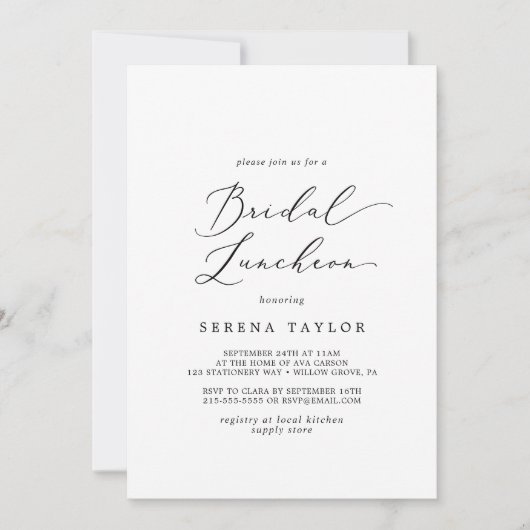 Delicate Black Calligraphy Bridal Luncheon Kaart (Voorkant)