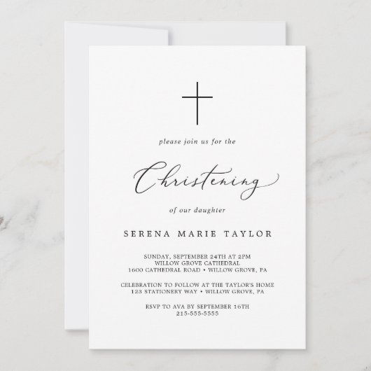 Delicate Black Calligraphy Cross Christening Kaart (Voorkant)