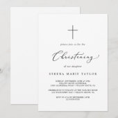 Delicate Black Calligraphy Cross Christening Kaart (Voorkant / Achterkant)