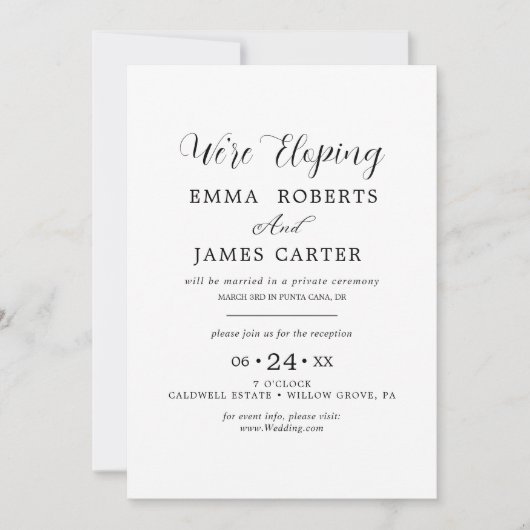 Delicate Black Calligraphy Elopement Receptie Inv Kaart (Voorkant)