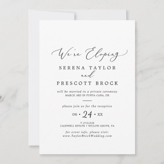 Delicate Black Calligraphy Elopement Reception Kaart (Voorkant)