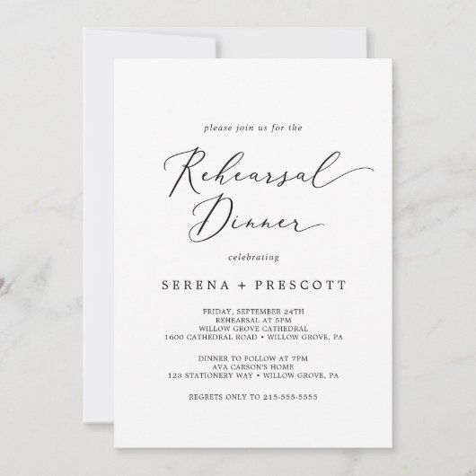 Delicate Black Calligraphy Rehearsal Dinner Kaart (Voorkant)