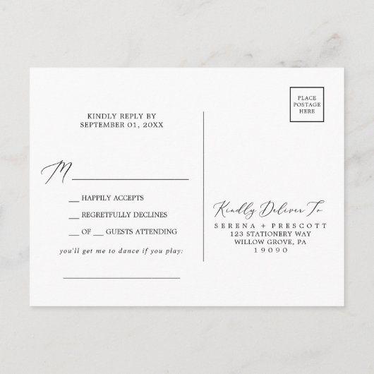 Delicate Black Calligraphy Song RSVP Briefkaart (Achterkant)