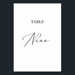 Delicate Black Calligraphy Table Nine Kaart<br><div class="desc">Dit delicate zwarte kalligrafietabel negen-tabelnummer is perfect voor een moderne bruiloft. Het romantische, minimalistische design is voorzien van een mooie en elegante zwarte typografie op een witte achtergrond met een schone en eenvoudige look. De prints op de voor- en achterzijde van de kaart (dubbelzijdig). Andere tabelnummers in het collectie worden...</div>