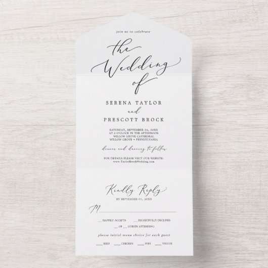 Delicate Black Calligraphy Wedding All In One Uitnodiging (Binnen)