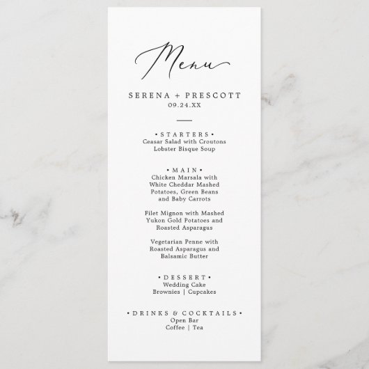 Delicate Black Calligraphy Wedding Dinner Menu (Voorkant)
