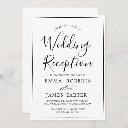 Delicate Black Calligraphy Wedding Reception Kaart (Voorkant / Achterkant)