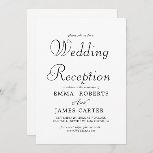 Delicate Black Calligraphy Wedding Reception Kaart (Voorkant / Achterkant)