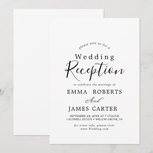 Delicate Black Calligraphy Wedding Reception Kaart (Voorkant / Achterkant)