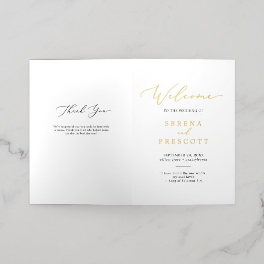 Delicate Black & Gold Foil vouded Wedding Program Folie Wenskaart (Buiten Laag)
