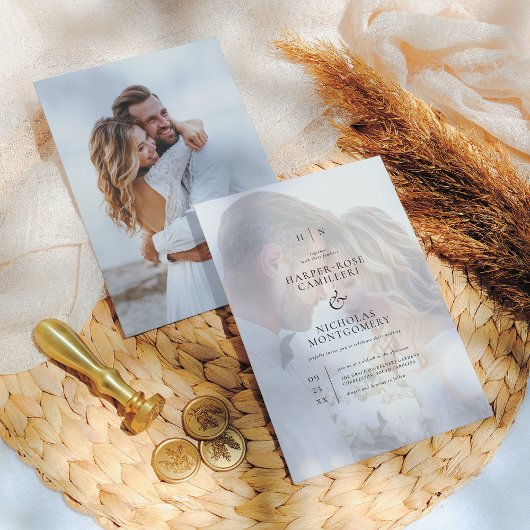 Delicate Black Monogram Calligraphy Photo Wedding Kaart