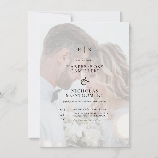 Delicate Black Monogram Calligraphy Photo Wedding Kaart (Voorkant)