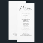 Delicate Black White Calligraphy Script Wedding Menu<br><div class="desc">Deze moderne zwarte en witte trouwmenukaart is uitgerust met moderne, delicate kalligrafie en eenvoudige typografie voor uw trouwmenu. Ideaal voor een moderne maar klassieke bruiloft of andere gebeurtenis, bruiloft met een zwart-wit kleurenthema of elegante bruiloft. Op de achterkant is ruimte voor uw namen en trouwdatum - of verwijder gewoon de...</div>