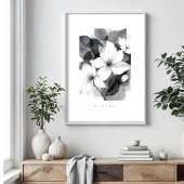 Delicate Black White Overlapping Leaves & Flowers Poster