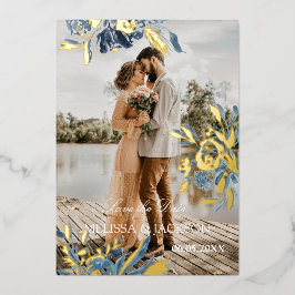 Delicate Blauwe Bloem en Gouden Bloesem Bewaar de  Folie Uitnodiging