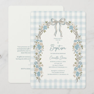 Delicate Blauwe Bloemboog Gingham Doopfeest Kaart