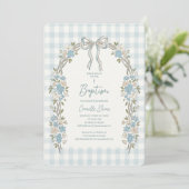 Delicate Blauwe Bloemboog Gingham Doopfeest Kaart (Staand voorkant)