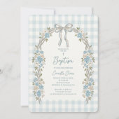 Delicate Blauwe Bloemboog Gingham Doopfeest Kaart (Voorkant)